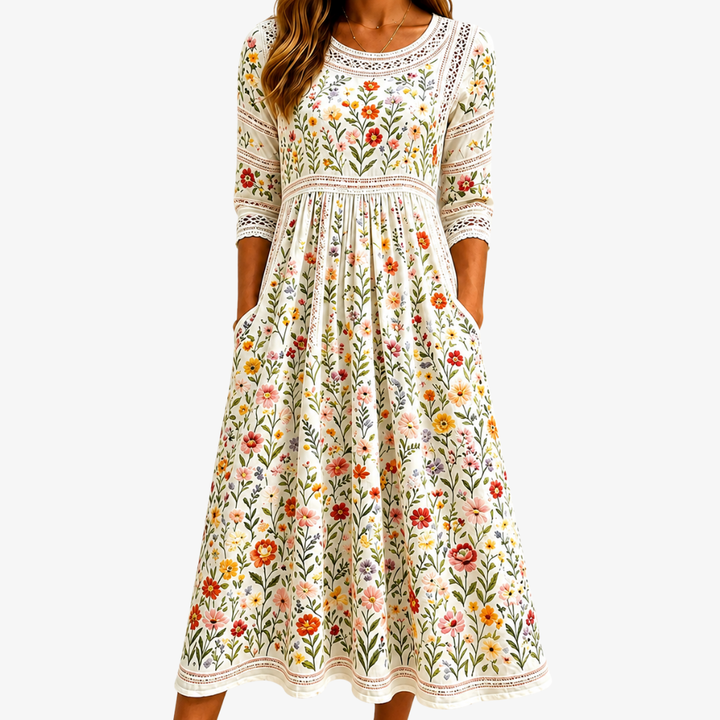 Adeline | Wildflower Crochet-Detail Midi Dress