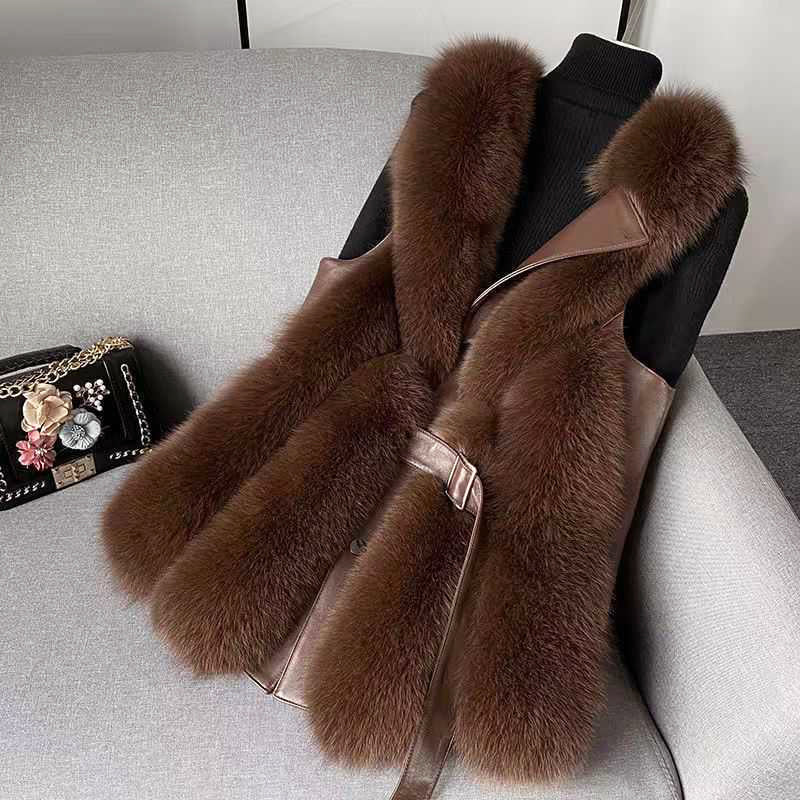 Women’s Faux Fur Vest with Belted Waist and Faux Leather Trim