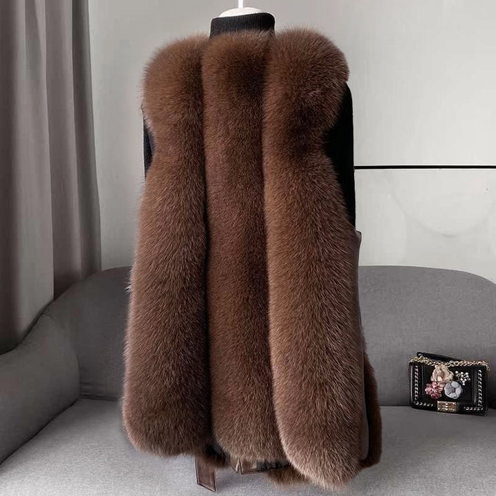 Women’s Faux Fur Vest with Belted Waist and Faux Leather Trim