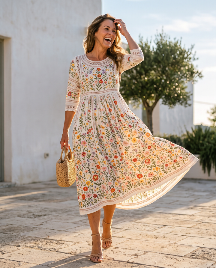 Adeline | Wildflower Crochet-Detail Midi Dress