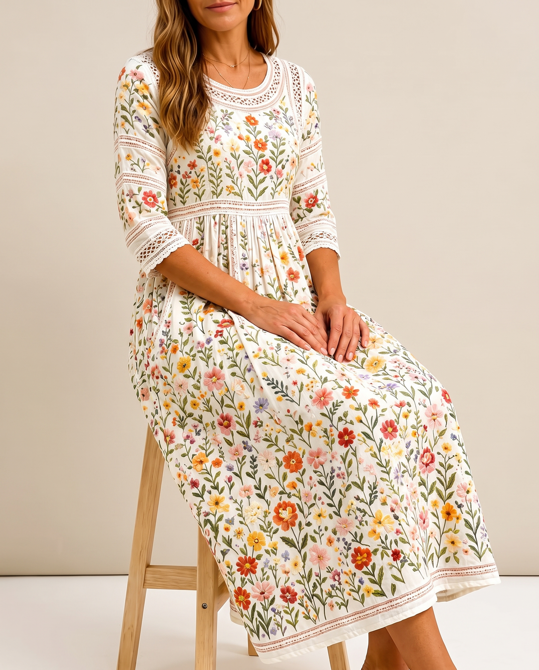 Adeline | Wildflower Crochet-Detail Midi Dress